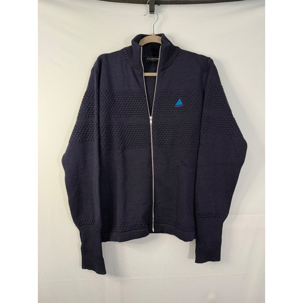 Clipper Full Zip Cardigan Mens Navy Blue 100% Virgin Wool Textured Knit‎ Sweater